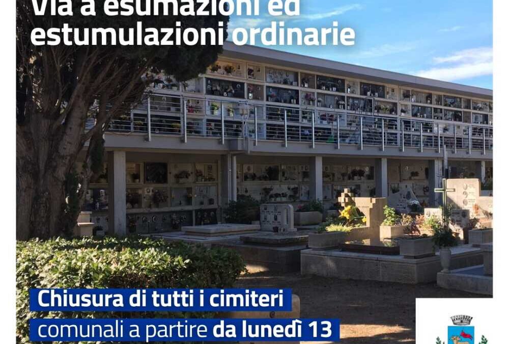 Esumazioni ed estumulazioni ordinarie: chiusura dei cimiteri comunali di Cerveteri